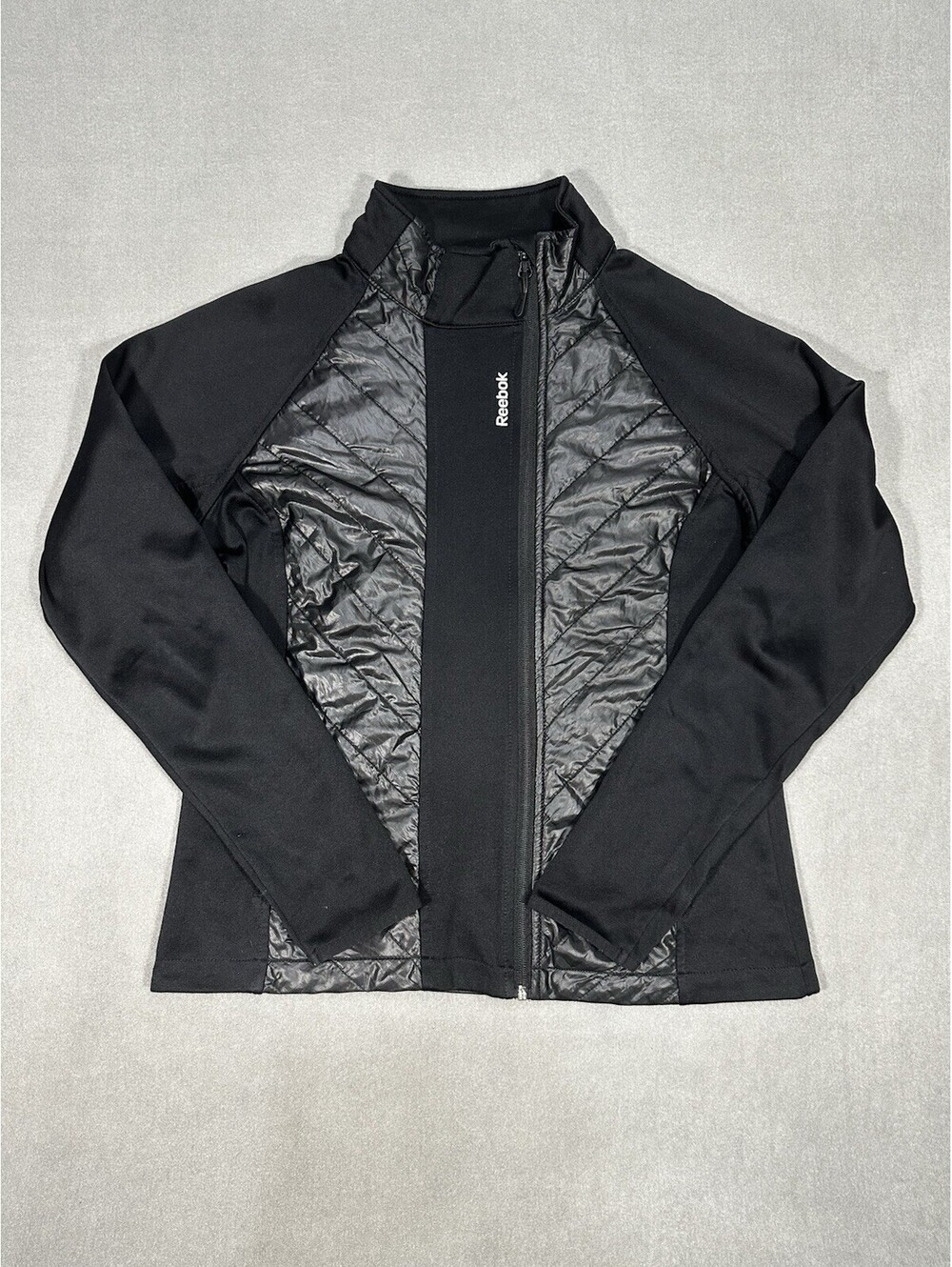 Reebok Women’s Full Zip Size S Jacket Black Quilted Front Panels Black